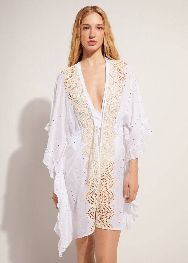 Cubrirlos Calzedonia Kimono Caftan with Sangallo Encaje and Sequins Mujer Blancas | CL2085IS