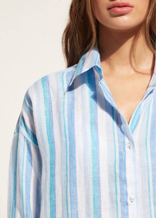 Cubrirlos Calzedonia Linen Shirt Mujer Azules Blancas | CL2090DN