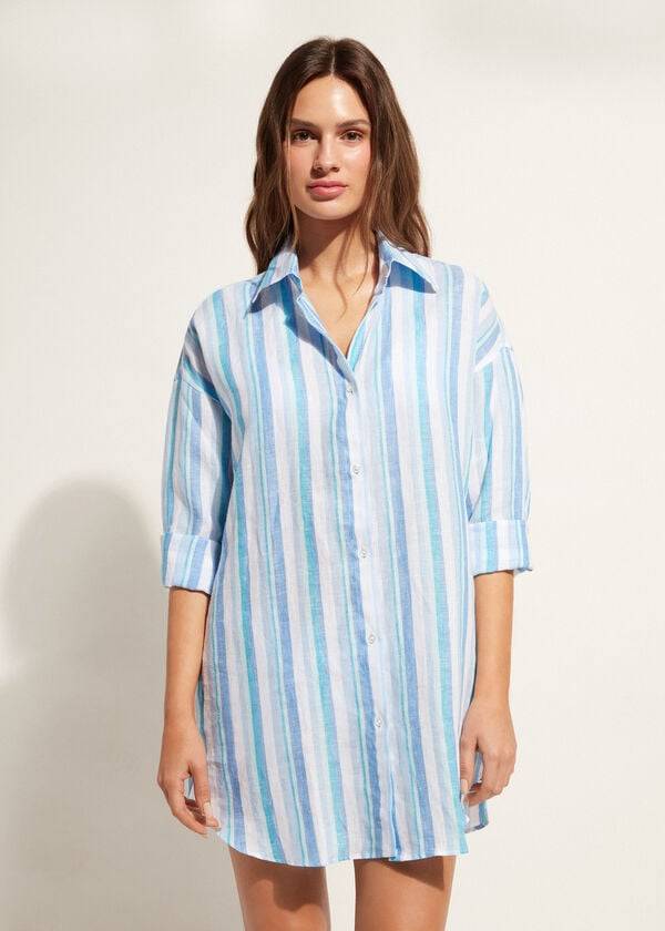 Cubrirlos Calzedonia Linen Shirt Mujer Azules Blancas | CL2090DN