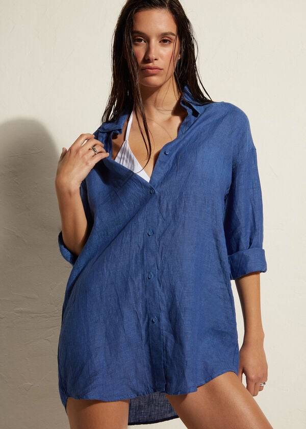 Cubrirlos Calzedonia Linen Shirt Mujer Azules | CL2091FM