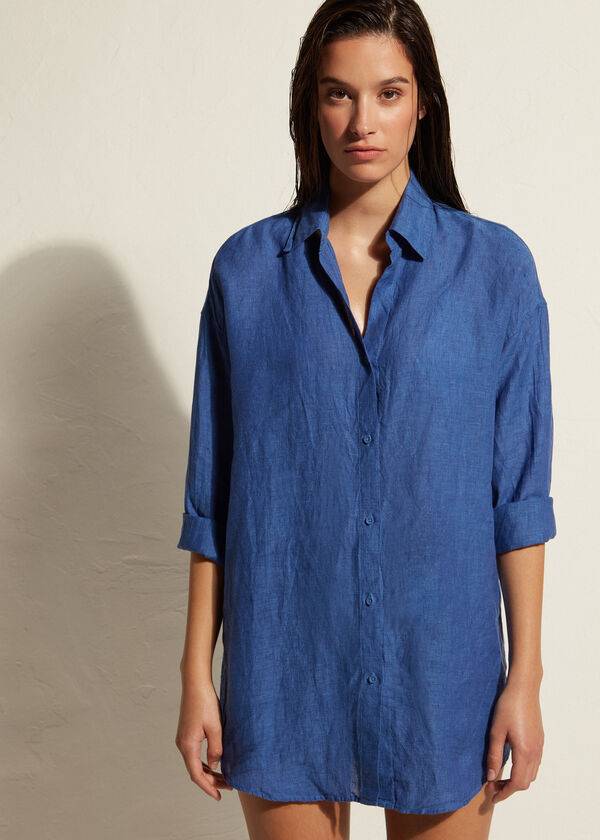 Cubrirlos Calzedonia Linen Shirt Mujer Azules | CL2091FM
