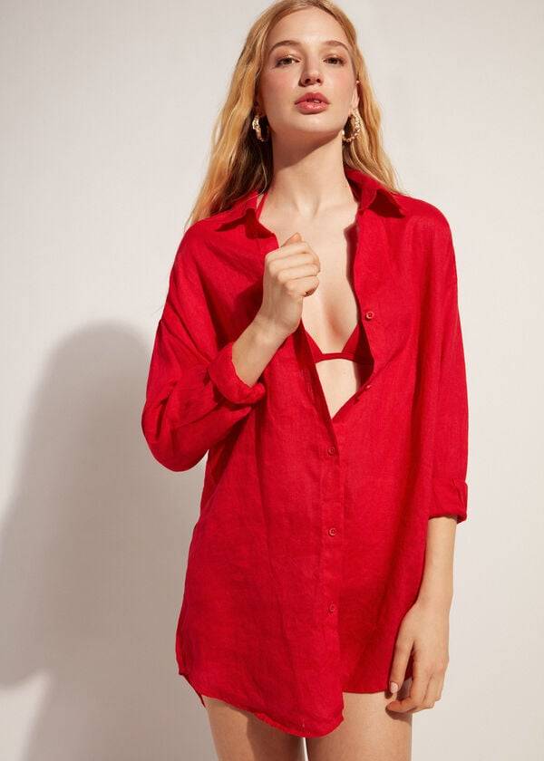 Cubrirlos Calzedonia Linen Shirt Mujer Rojas | CL2095KI