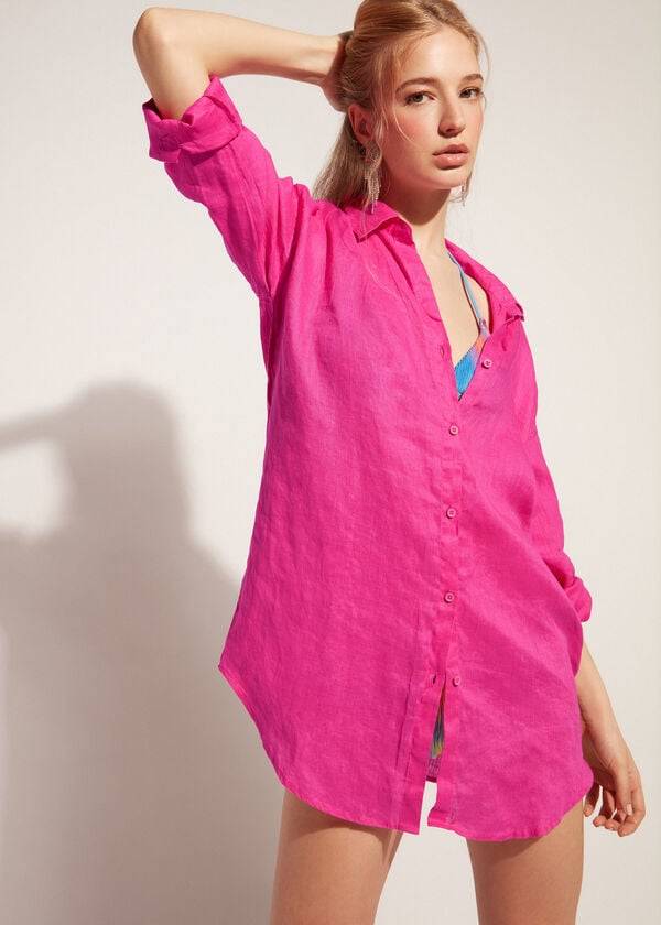 Cubrirlos Calzedonia Linen Shirt Mujer Rosas | CL2096LH
