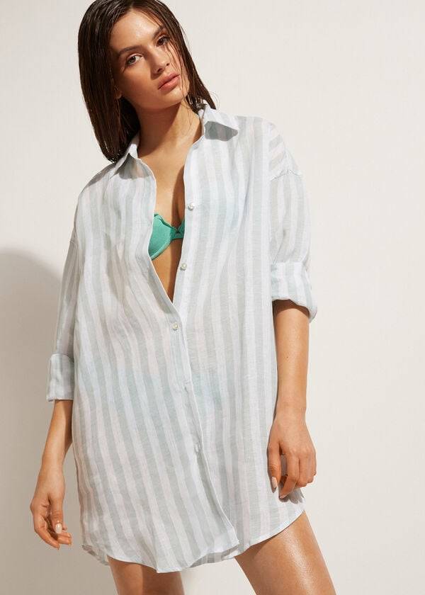 Cubrirlos Calzedonia Linen Shirt Mujer Turquesa Blancas | CL2087PQ