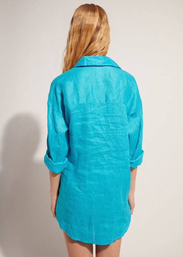 Cubrirlos Calzedonia Linen Shirt Mujer Turquesa Verde | CL2094JJ