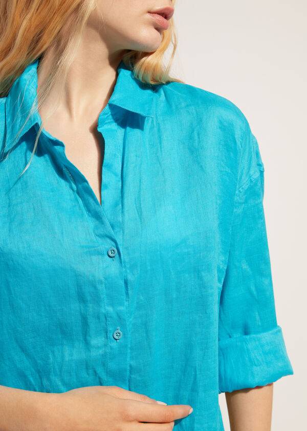 Cubrirlos Calzedonia Linen Shirt Mujer Turquesa Verde | CL2094JJ