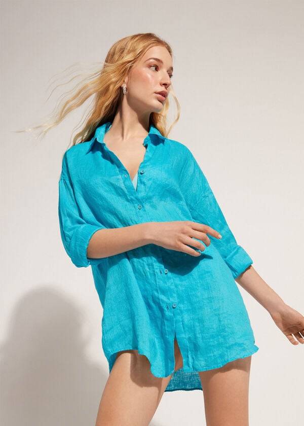Cubrirlos Calzedonia Linen Shirt Mujer Turquesa Verde | CL2094JJ