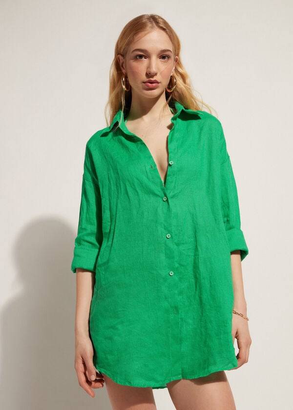 Cubrirlos Calzedonia Linen Shirt Mujer Verde | CL2088AP