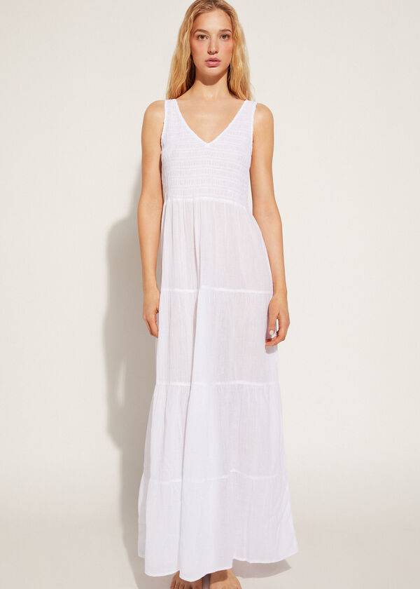 Cubrirlos Calzedonia Long Vestido with Ruffled Skirt Mujer Blancas | CL2103MA