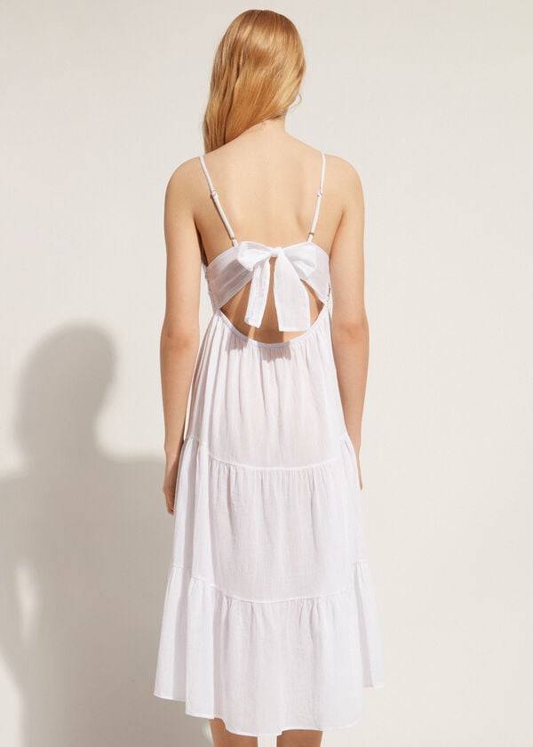 Cubrirlos Calzedonia Midi Vestido in Macramé Encaje and Ruffled Skirt Mujer Blancas | CL2104QZ