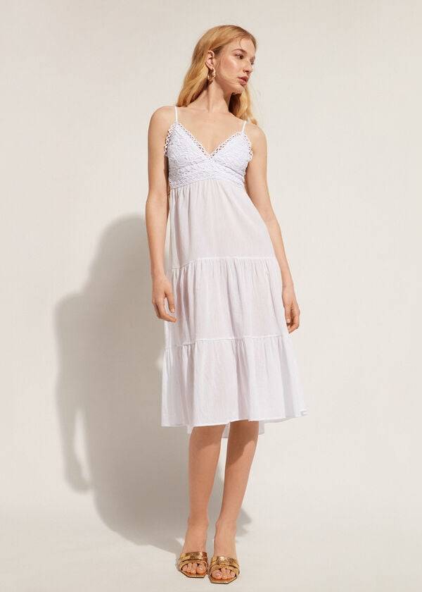 Cubrirlos Calzedonia Midi Vestido in Macramé Encaje and Ruffled Skirt Mujer Blancas | CL2104QZ