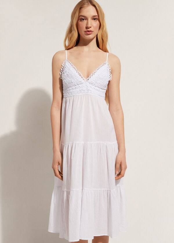 Cubrirlos Calzedonia Midi Vestido in Macramé Encaje and Ruffled Skirt Mujer Blancas | CL2104QZ