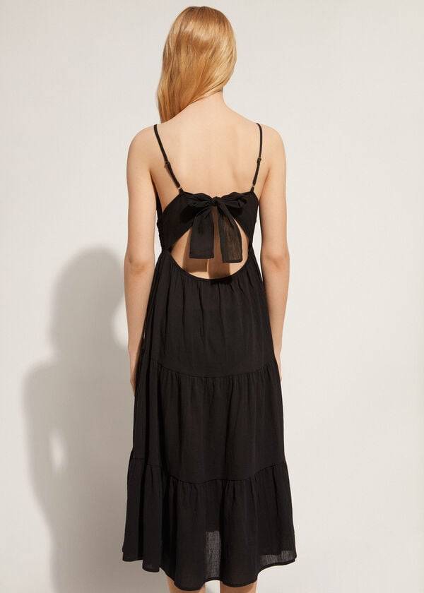 Cubrirlos Calzedonia Midi Vestido in Macramé Encaje and Ruffled Skirt Mujer Negras | CL2105WY
