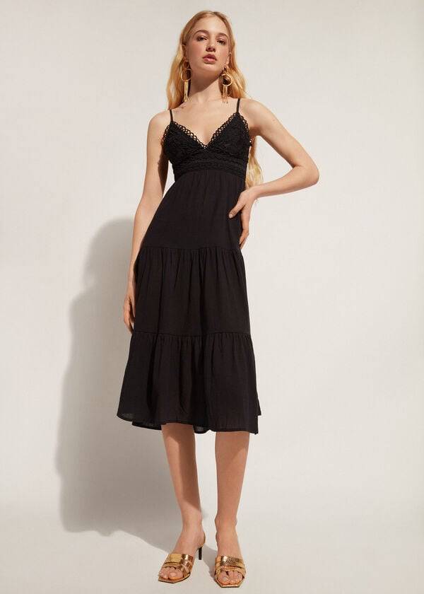 Cubrirlos Calzedonia Midi Vestido in Macramé Encaje and Ruffled Skirt Mujer Negras | CL2105WY