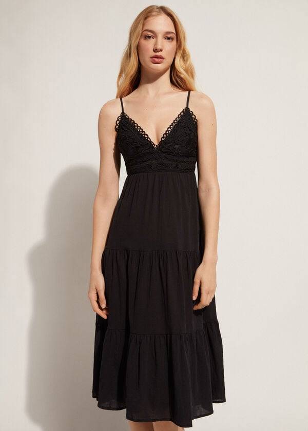 Cubrirlos Calzedonia Midi Vestido in Macramé Encaje and Ruffled Skirt Mujer Negras | CL2105WY