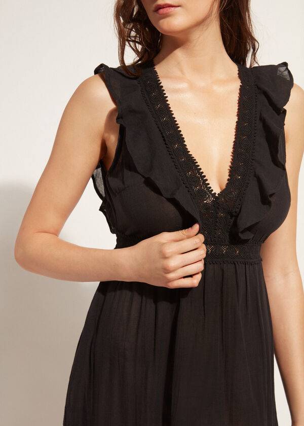 Cubrirlos Calzedonia Mini Vestido with Ruffle and Passementerie Mujer Negras | CL2106EX