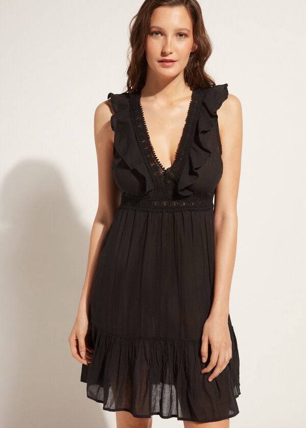 Cubrirlos Calzedonia Mini Vestido with Ruffle and Passementerie Mujer Negras | CL2106EX