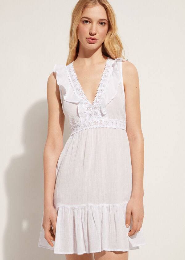 Cubrirlos Calzedonia Mini Vestido with Ruffle and Passementerie Mujer Blancas | CL2107RW