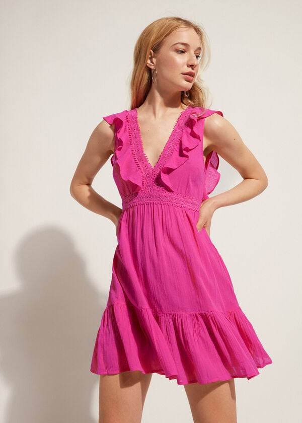 Cubrirlos Calzedonia Mini Vestido with Ruffle and Passementerie Mujer Rosas | CL2108TV