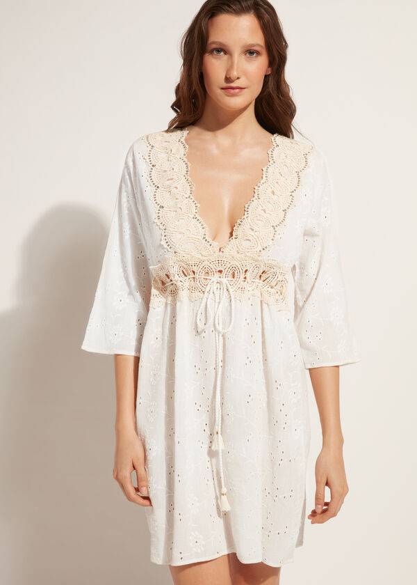 Cubrirlos Calzedonia Vestido in Sangallo Encaje and Sequins Mujer Blancas | CL2077MA