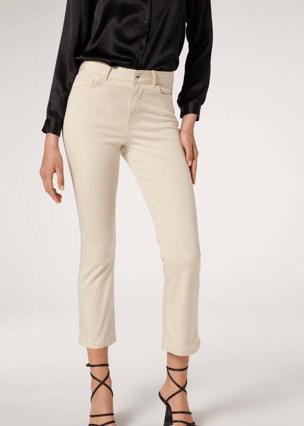 Jeans Calzedonia Eco Light Flared Cropped Denim Mujer Marrones Beige | CL2572FM