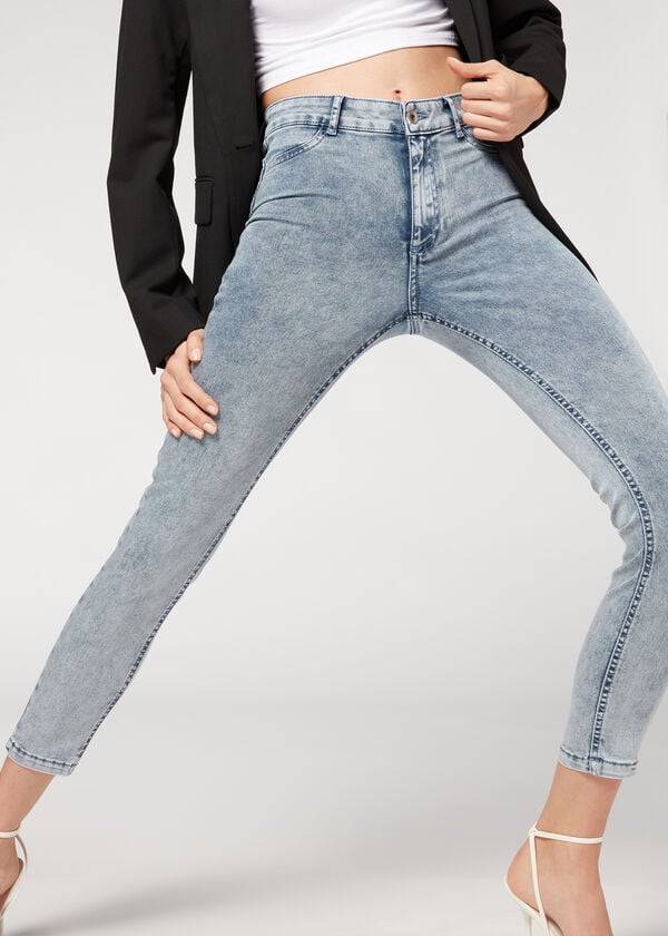 Jeans Calzedonia Faded Flaco Push-Up Mujer Azules | CL2590CE