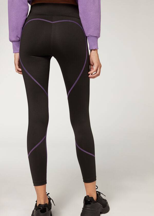 Leggins Calzedonia Contrast Seam Performance Atléticos Mujer Negras Moradas | CL2635RW