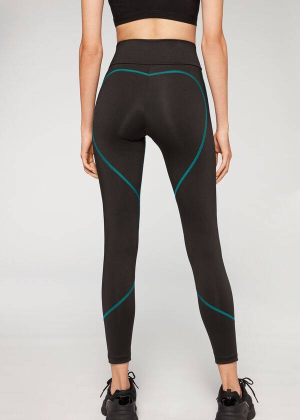 Leggins Calzedonia Contrast Seam Performance Atléticos Mujer Negras Verde | CL2636EX