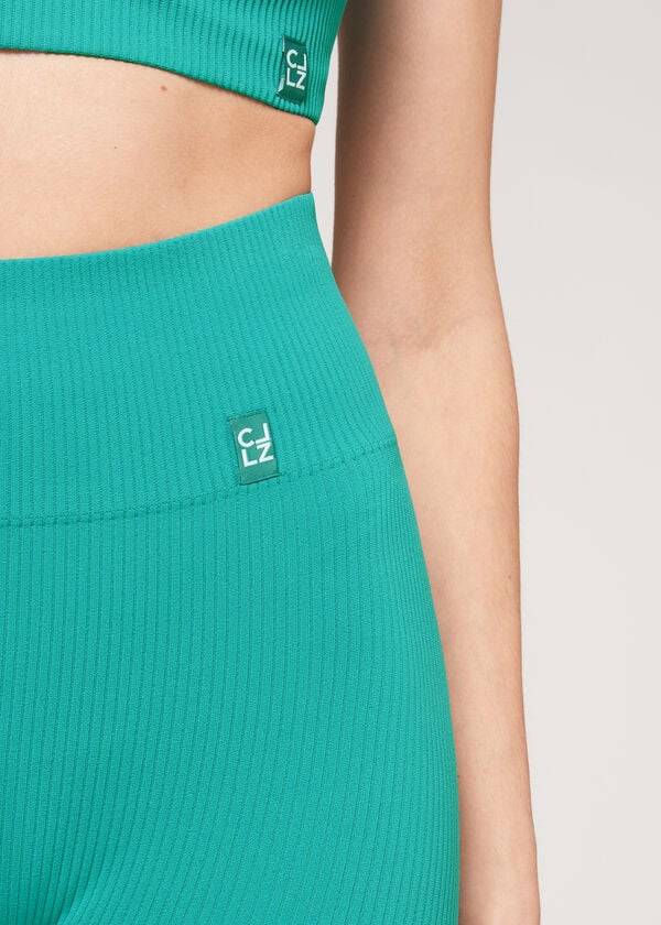 Leggins Calzedonia Fine Acanalado Seamless Deporte Mujer Turquesa | CL2646AP