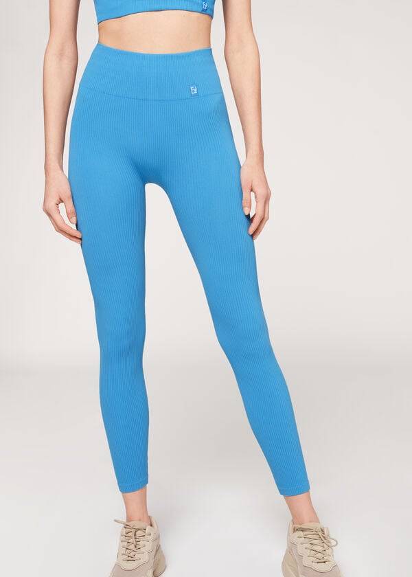 Leggins Calzedonia Fine Acanalado Seamless Deporte Mujer Azules | CL2647PQ