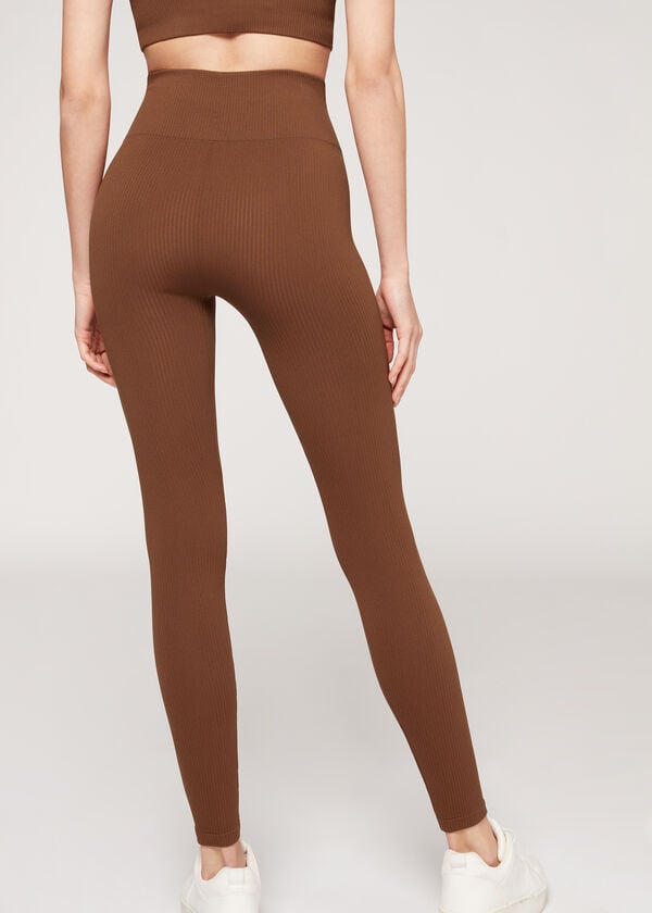 Leggins Calzedonia Fine Acanalado Seamless Deporte Mujer Marrones | CL2649IS