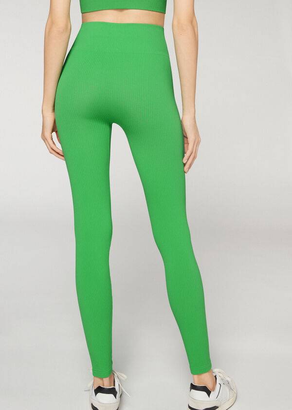 Leggins Calzedonia Fine Acanalado Seamless Deporte Mujer Verde | CL2652TV