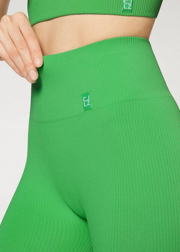 Leggins Calzedonia Fine Acanalado Seamless Deporte Mujer Verde | CL2652TV
