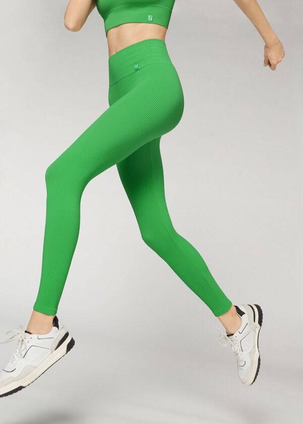 Leggins Calzedonia Fine Acanalado Seamless Deporte Mujer Verde | CL2652TV