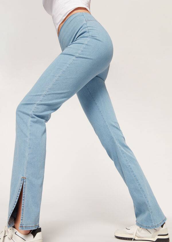 Leggins Calzedonia High-Cintura Flared in Denim with Slits Mujer Azules | CL2660VD
