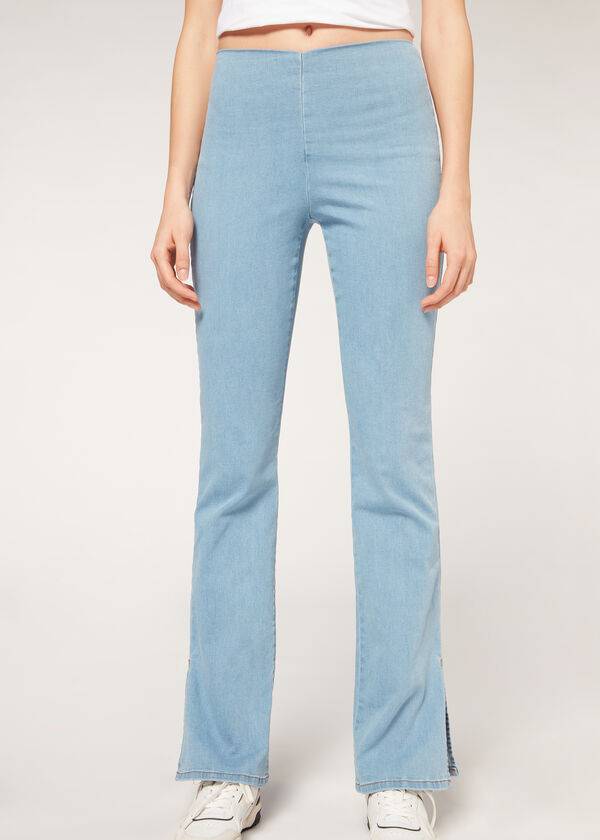 Leggins Calzedonia High-Cintura Flared in Denim with Slits Mujer Azules | CL2660VD