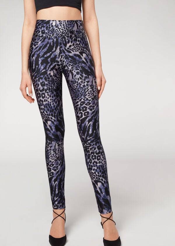 Leggins Calzedonia Shiny Animal-Print Atléticos Mujer Azules Gris | CL2680EX