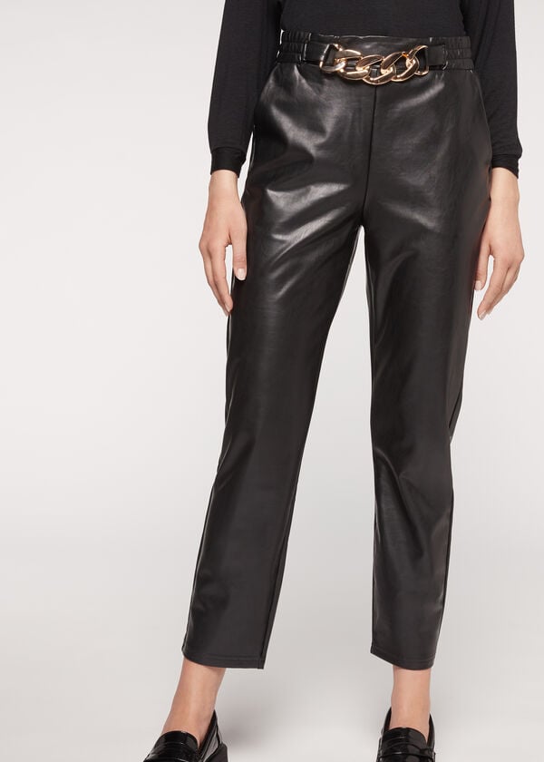 Leggins Calzedonia Thermal Coated Effect with Chain Trim Mujer Negras | CL2698SO