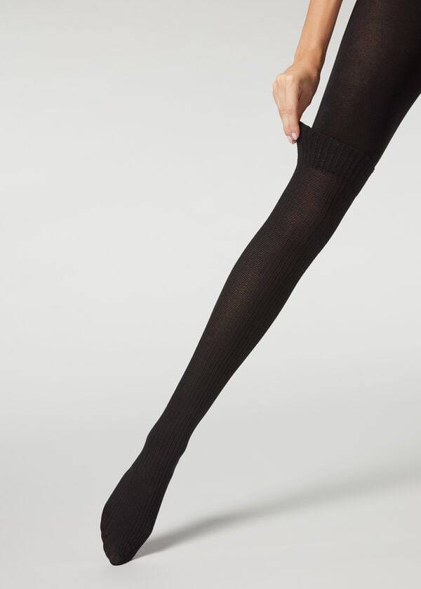 Mallas Calzedonia Acanalado Longuette Effect with Cashmere Patterned Mujer Negras | CL1125PQ