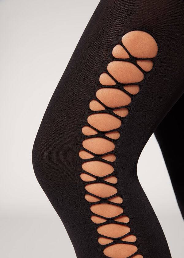 Mallas Calzedonia Crisscross Cut-Out Opaque 90 Denier Patterned Mujer Negras | CL1090QZ