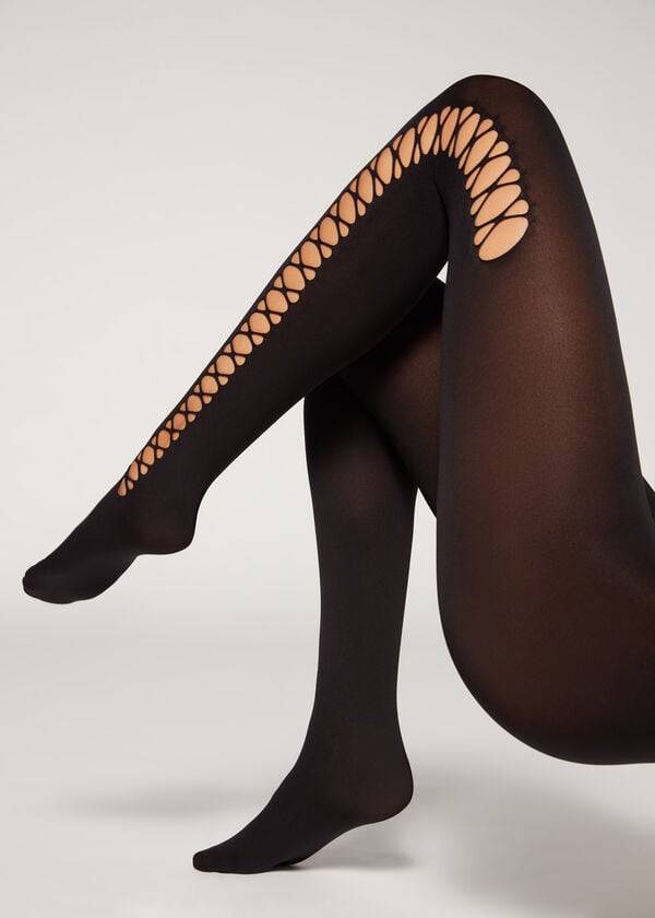 Mallas Calzedonia Crisscross Cut-Out Opaque 90 Denier Patterned Mujer Negras | CL1090QZ