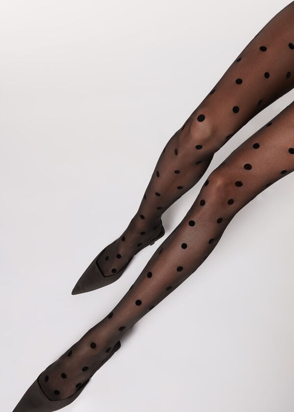 Mallas Calzedonia Flocked Dots Sheer 30 Denier Mujer Negras | CL1223RW