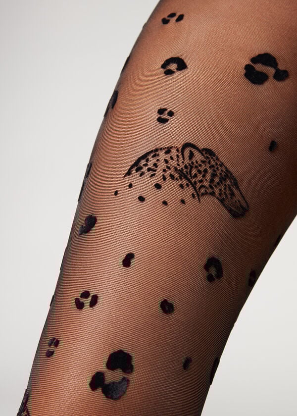 Mallas Calzedonia Flocked Leopard Print 30 Denier Patterned Mujer Negras | CL1096UT