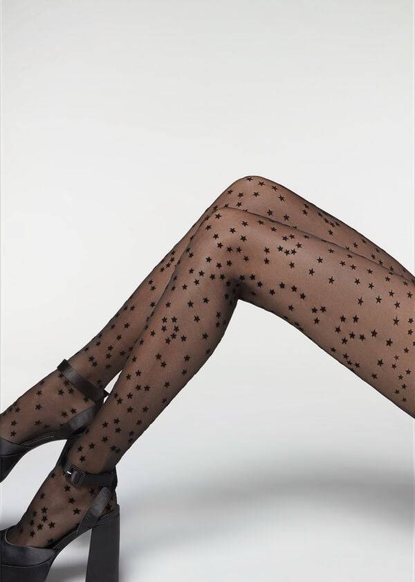 Mallas Calzedonia Flocked Stars 30 Denier Sheer Mujer Negras | CL1224TV