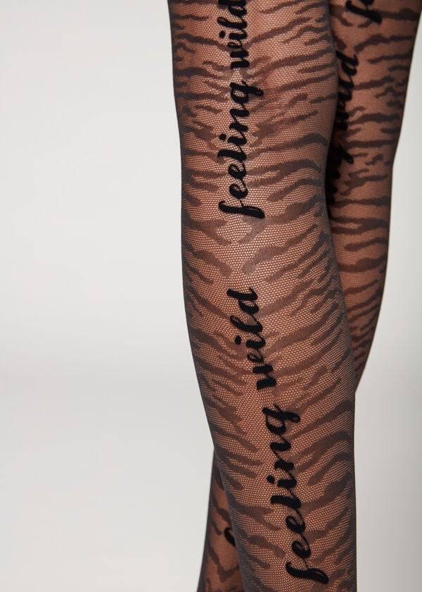 Mallas Calzedonia Flocked Tiger Text 50 Denier Patterned Mujer Negras | CL1097IS