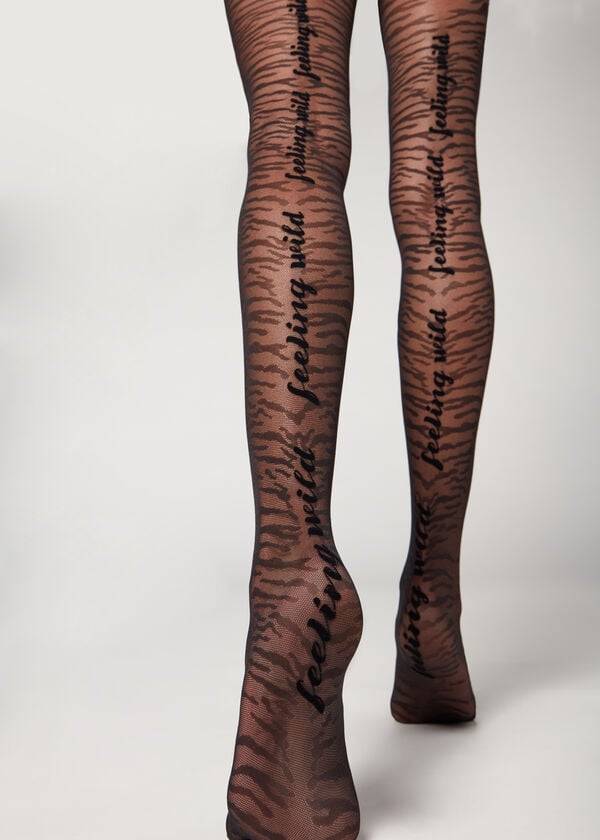 Mallas Calzedonia Flocked Tiger Text 50 Denier Patterned Mujer Negras | CL1097IS