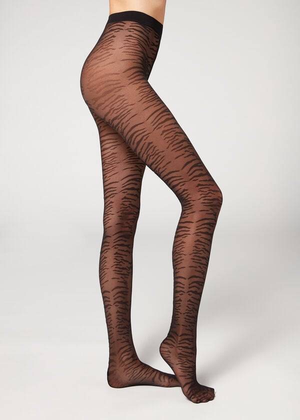 Mallas Calzedonia Flocked Tiger Text 50 Denier Patterned Mujer Negras | CL1097IS
