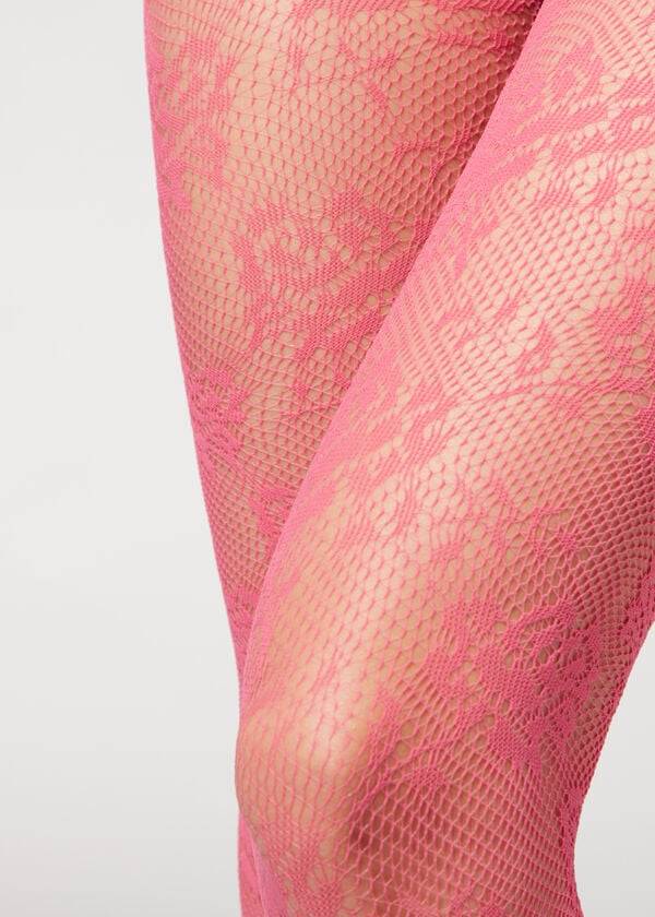 Mallas Calzedonia Floral Encaje-Motif Fishnet Patterned Mujer Rosas | CL1100AP
