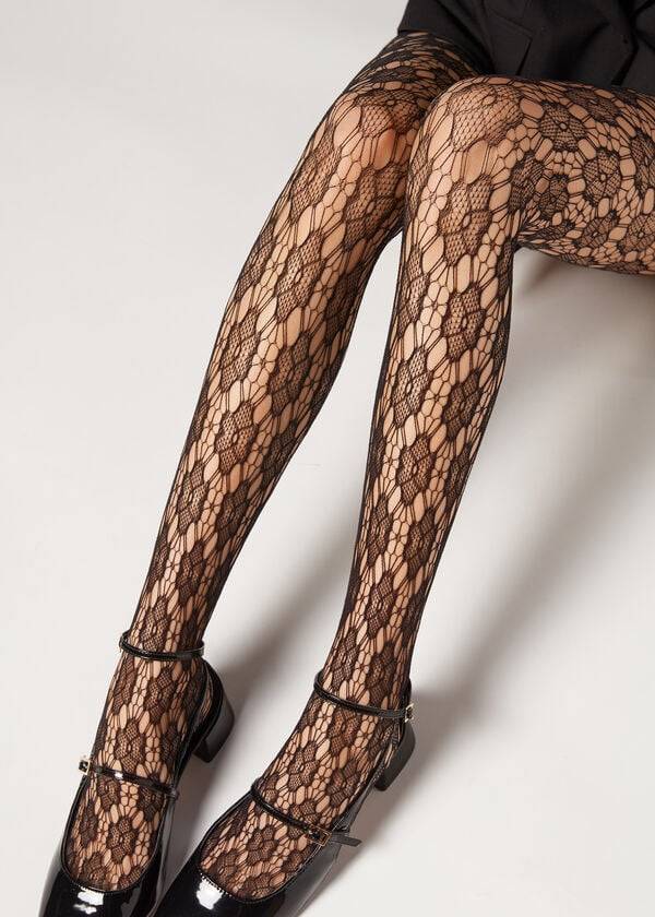 Mallas Calzedonia Floral-Motif Fishnet Patterned Mujer Negras | CL1101SO