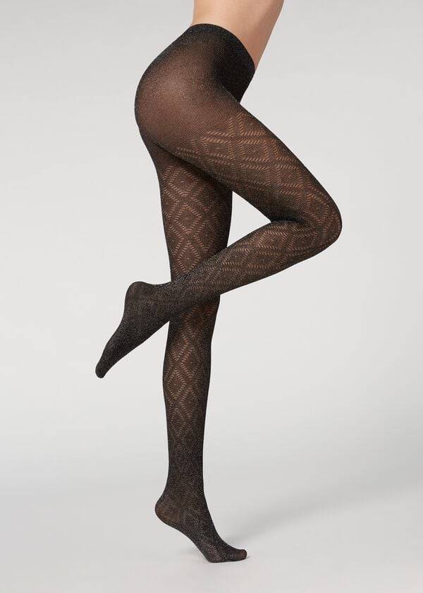 Mallas Calzedonia Glitter Diamond Pattern Patterned Mujer Negras Plateadas | CL1107KI